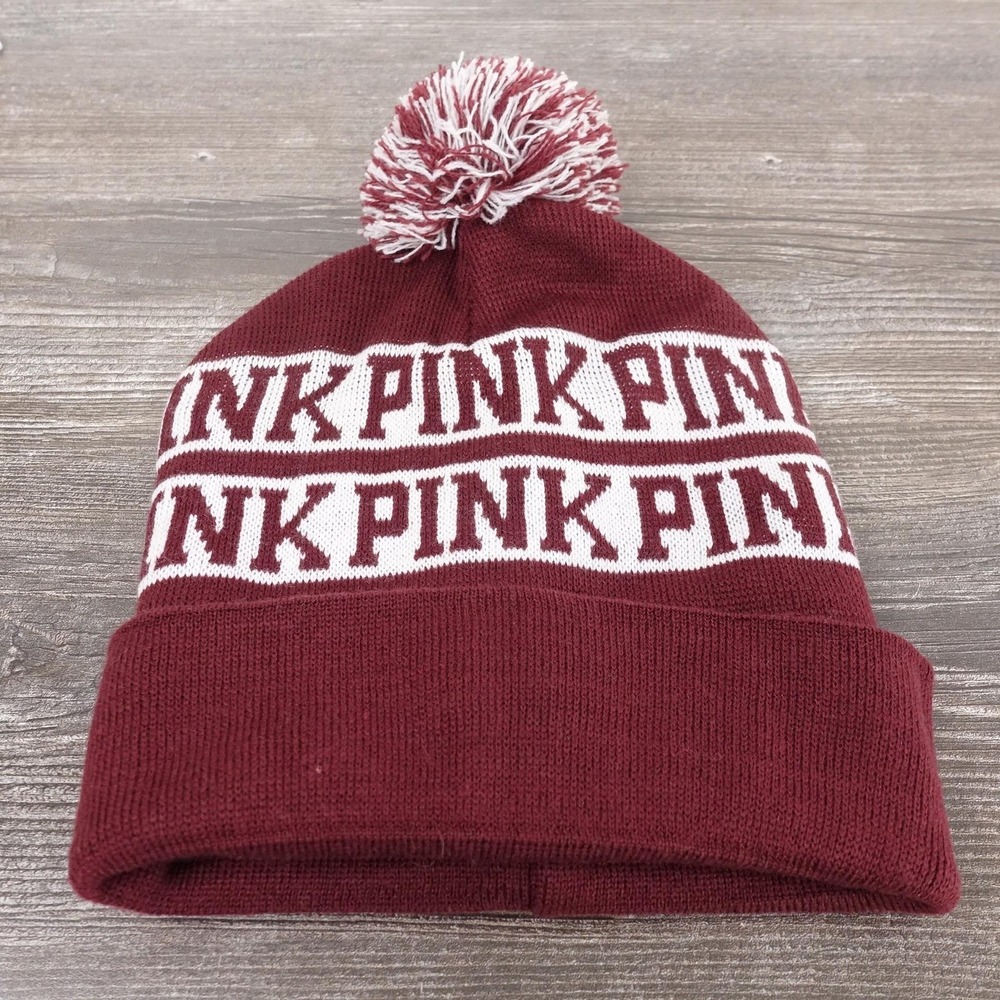 PINK Victoria's Secret Hat Cap Pom Beanie Maroon White Knit Womens Winter Logo